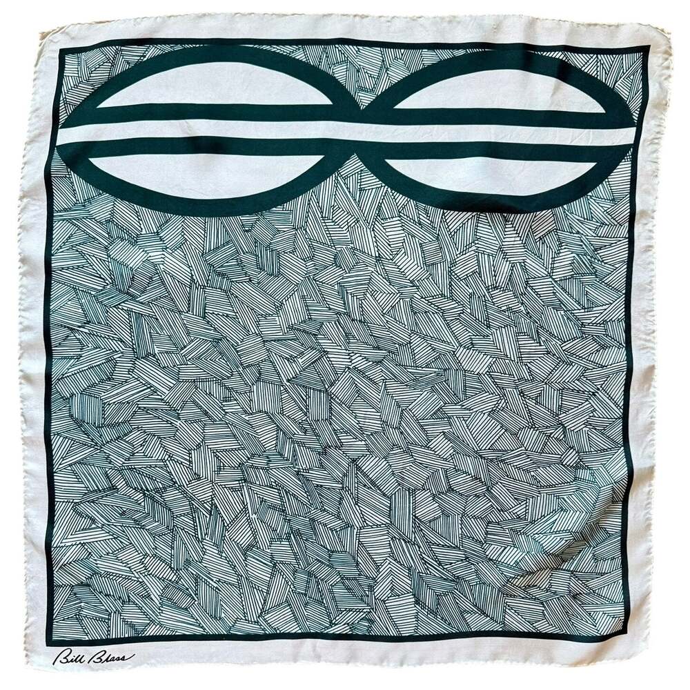 Bill Blass Green Geometric Print Scarf Square 23x23 Vintage Silk Blend